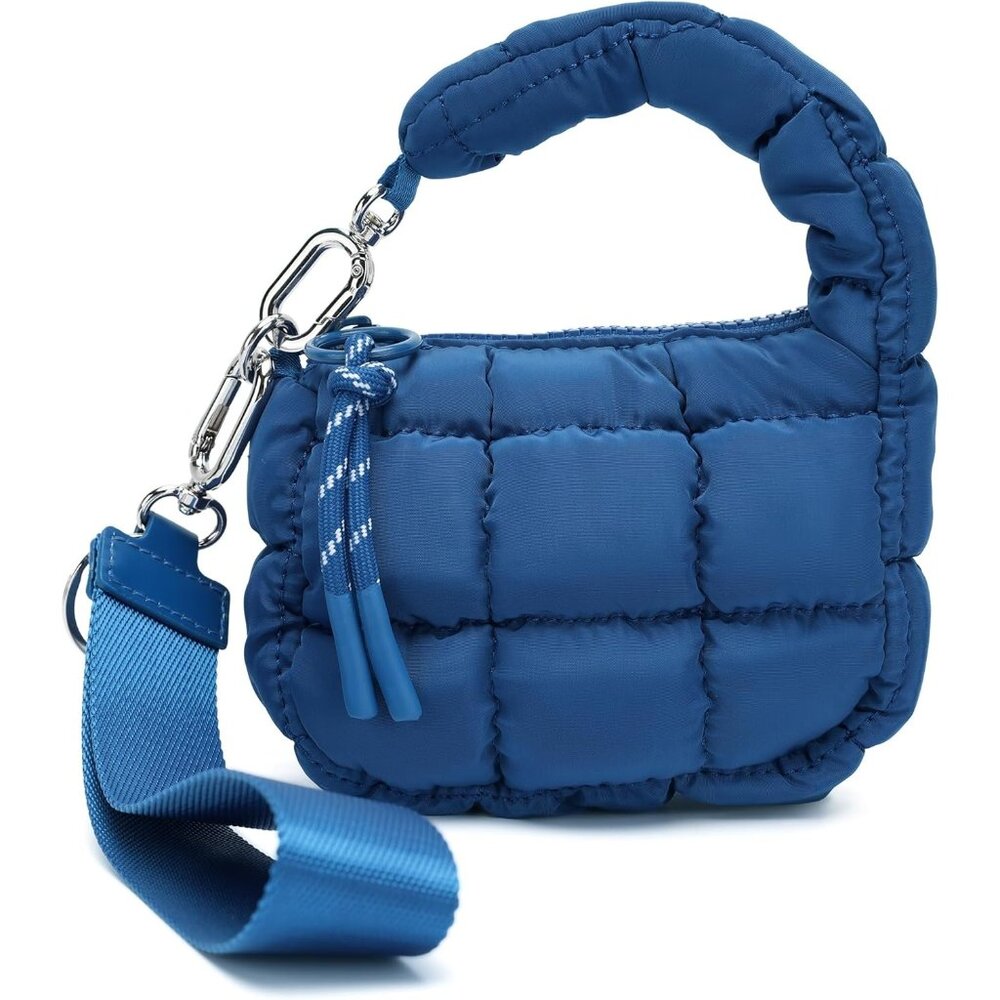 Women's Blue Mini Quilted Wristlet Pouch Cute Charm Gift Puffer Evening Handbag